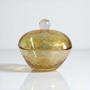 Vintage Italy Handmade Italiani Amber Glass Lidded Floral Candy Dish  5.75" H‎